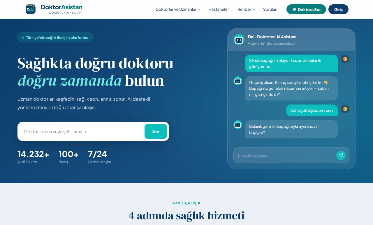 DoktorAsistan ana sayfası ve yapay zekâ asistan paneli