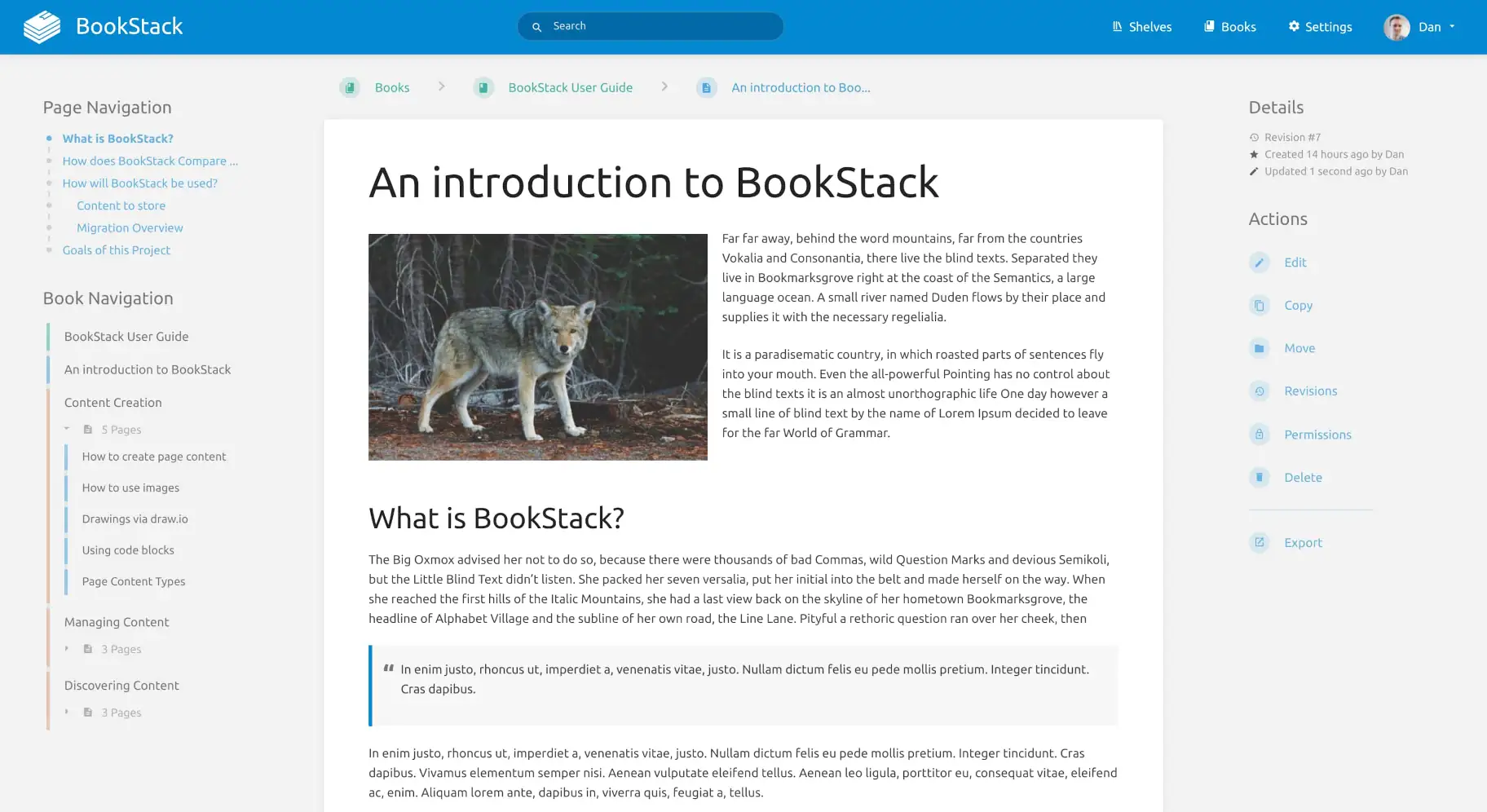 BookStack ana ekran görünümü