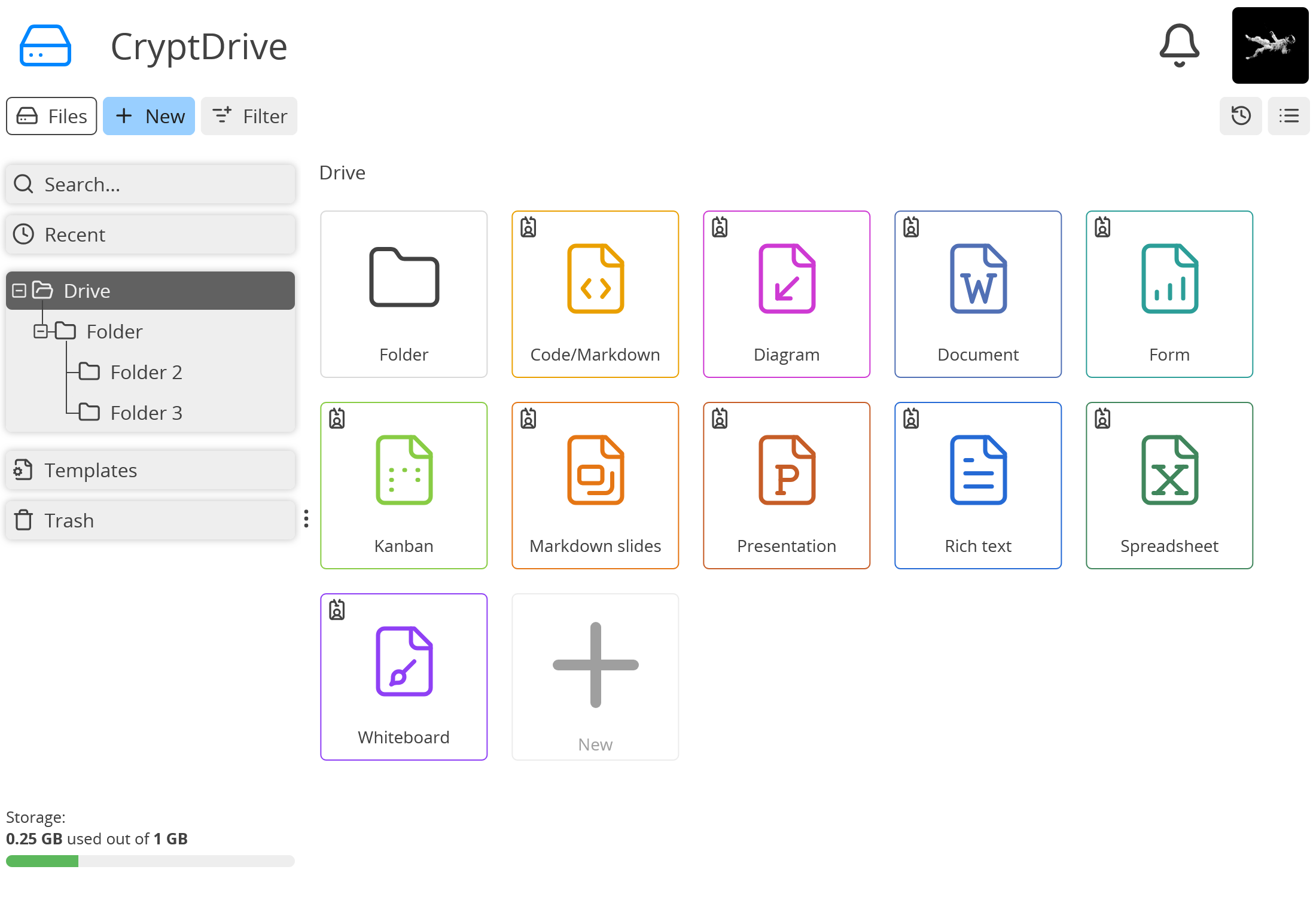 CryptPad CryptDrive arayüzü