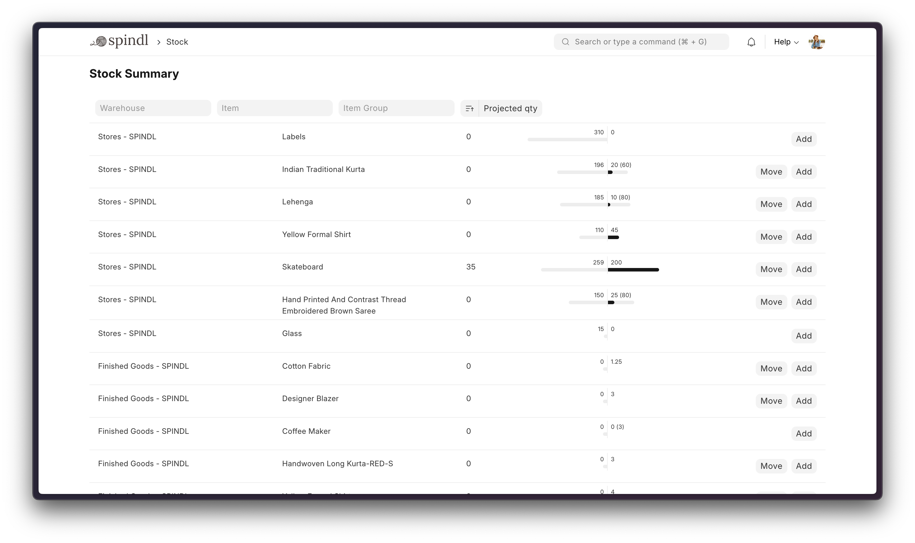 ERPNext stok özeti ekranı