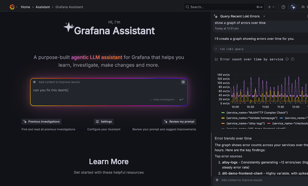 Grafana yapay zeka destekli gösterge panosu