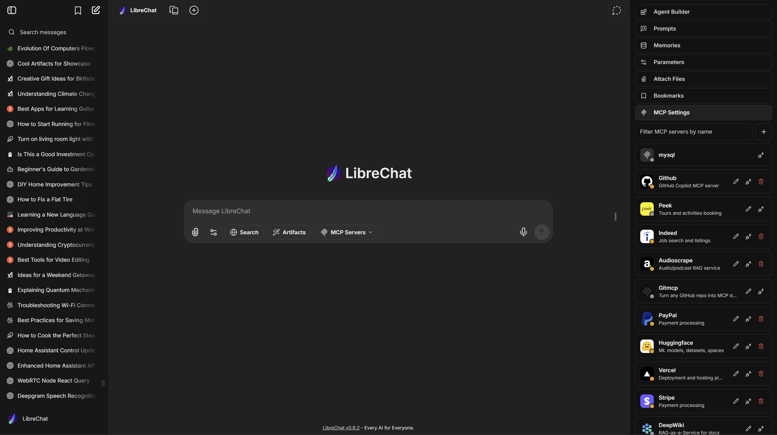LibreChat masaustu arayuzu koyu tema