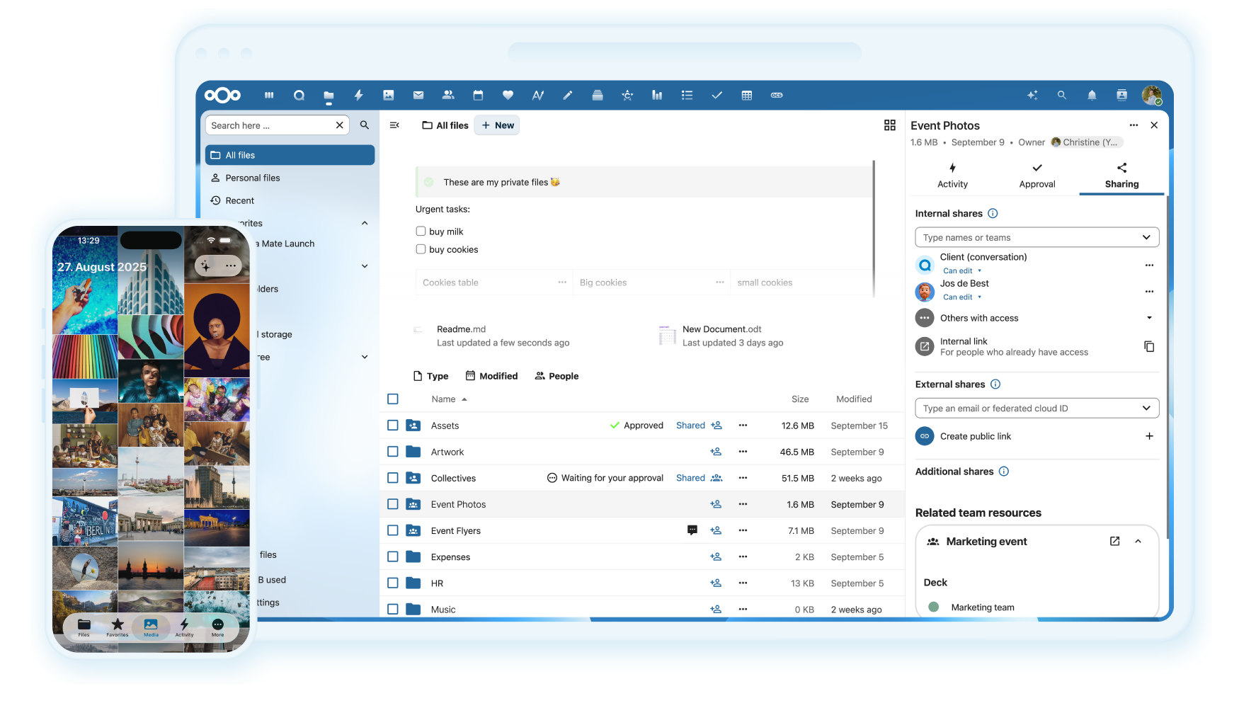 Nextcloud Files dosya yönetimi arayüzü