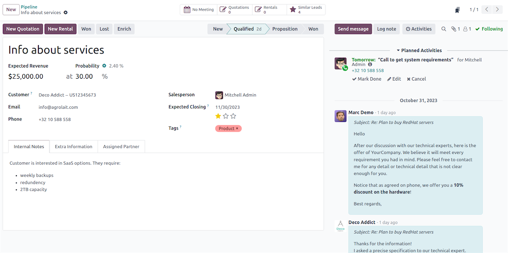Odoo iletişim ekranı