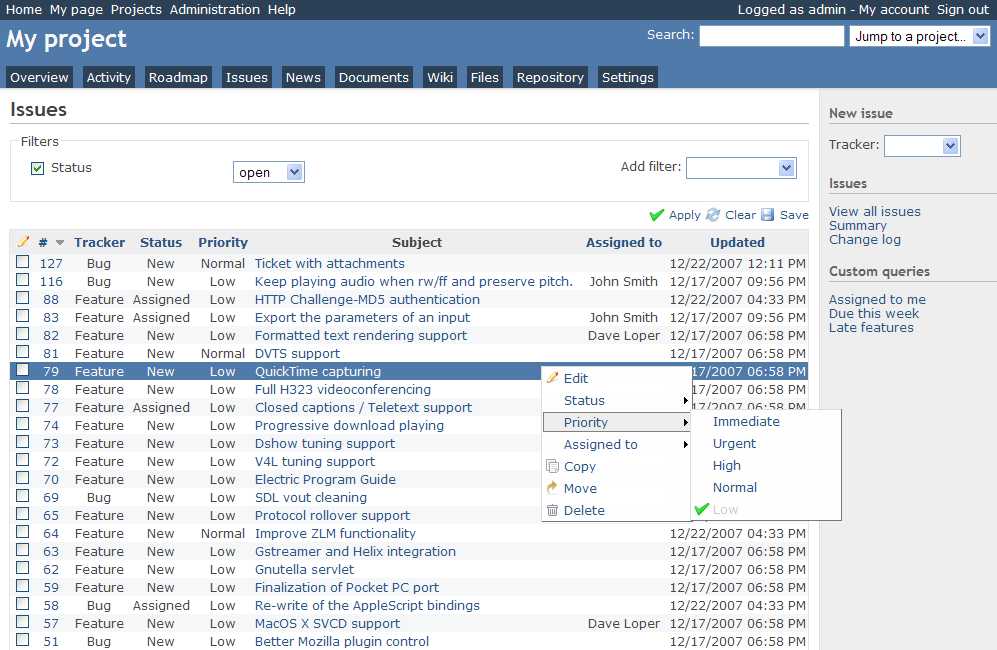 Redmine sorun listesi görünümü