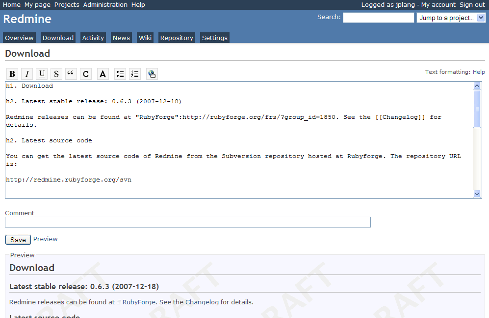 Redmine wiki düzenleme ekranı