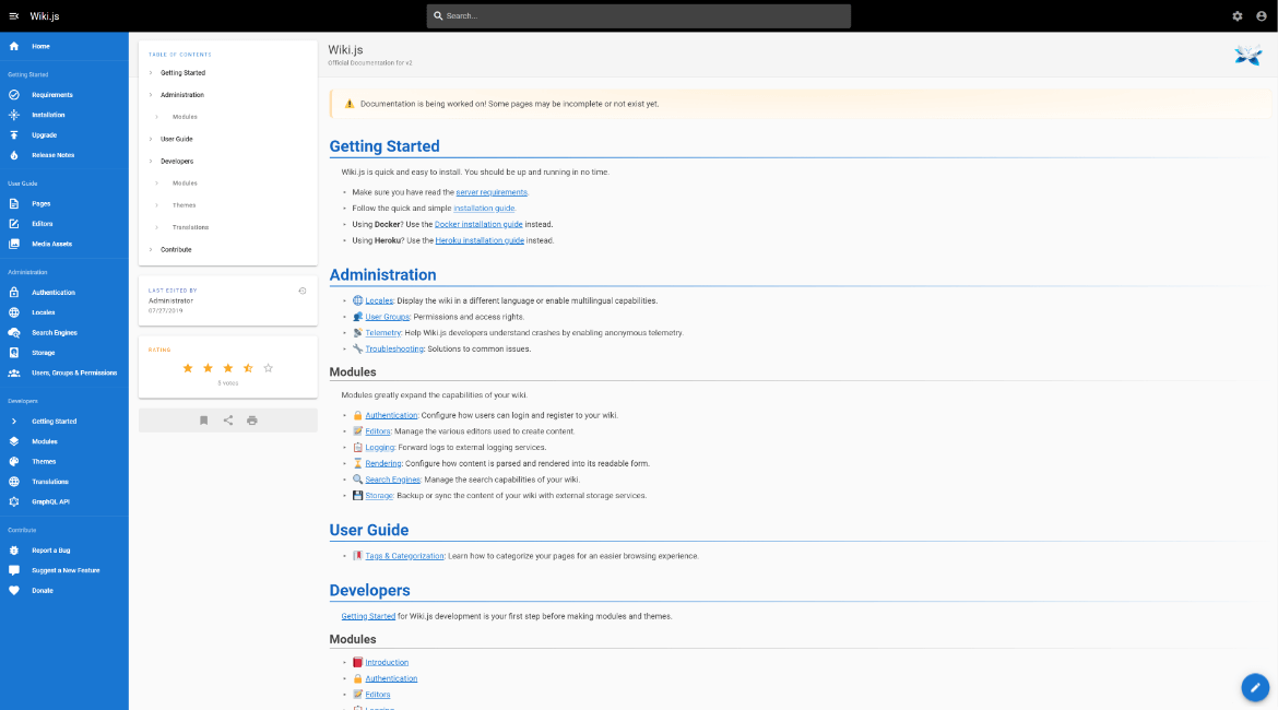 Wiki.js dokümantasyon ekranı